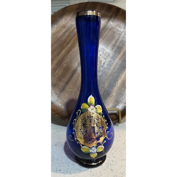 Vintage NASCO ART Cobolt Blue Hand Painted VASE Raised Enamel Flowers Gold Trim - Picture 1 of 6